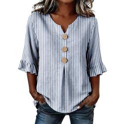 Womens Three-quarter-sleeve Buttoned Blouse With A Floral Pattern