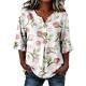 Womens Three-quarter-sleeve Buttoned Blouse With A Floral Pattern