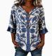 Womens Three-quarter-sleeve Buttoned Blouse With A Floral Pattern