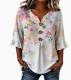 Womens Three-quarter-sleeve Buttoned Blouse With A Floral Pattern