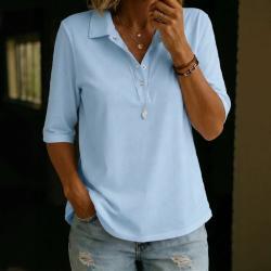 Womens Three-quarter-sleeve Lapel Top With A Half-placket Closure