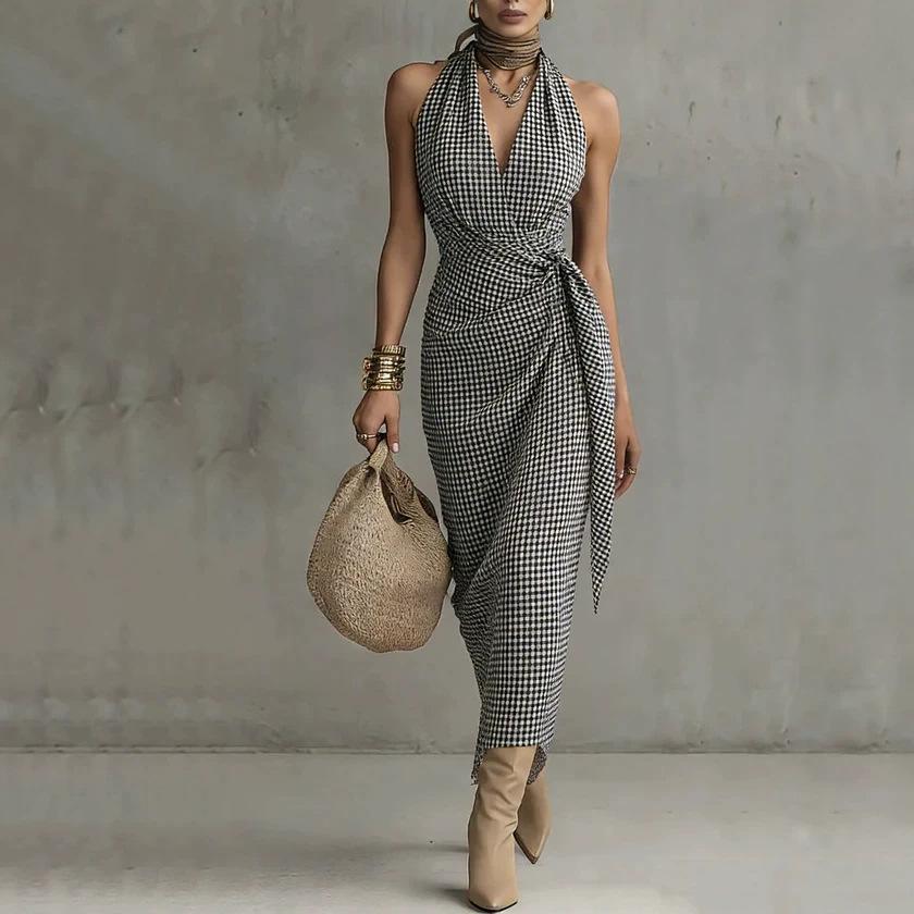 V-neck Plaid Sleeveless Maxi Dress