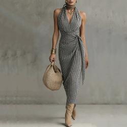 V-neck Plaid Sleeveless Maxi Dress