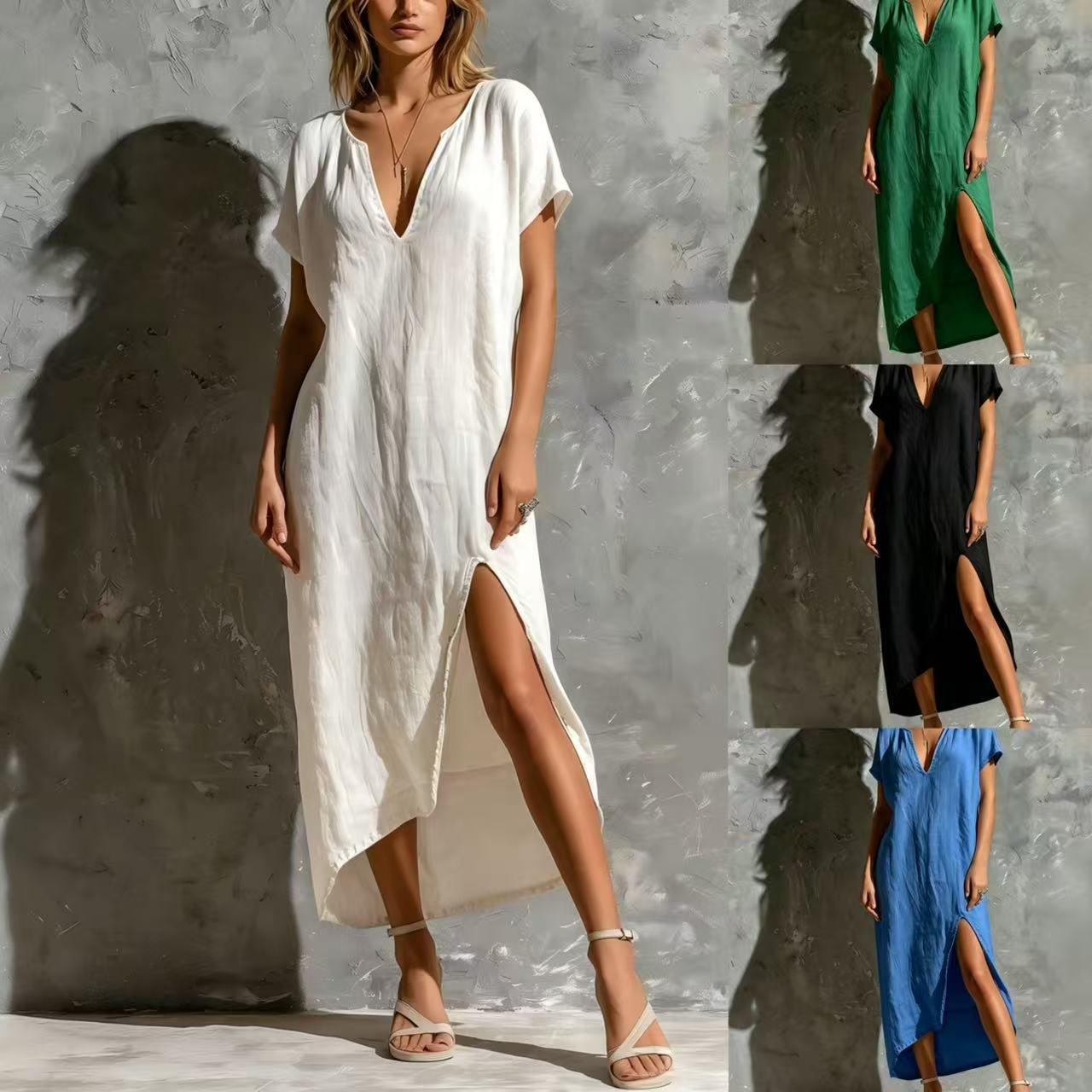 Stylish And Elegant V-neck Short-sleeve Loose-fit Cotton-linen Dress
