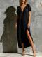 Stylish And Elegant V-neck Short-sleeve Loose-fit Cotton-linen Dress