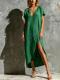 Stylish And Elegant V-neck Short-sleeve Loose-fit Cotton-linen Dress