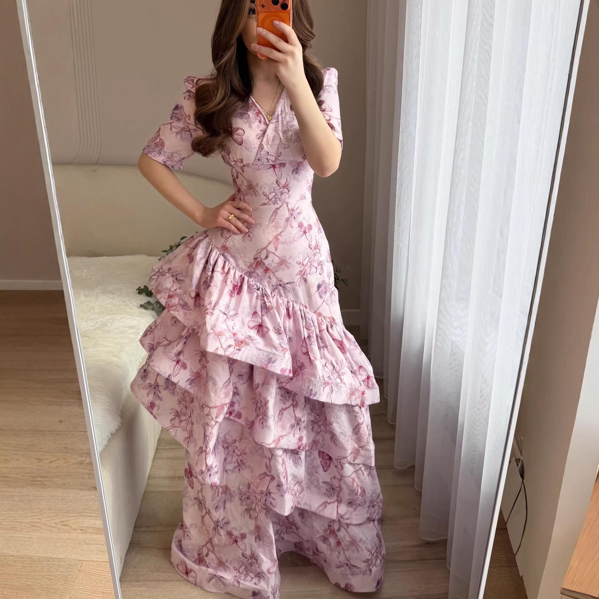 V-neck Floral Ruffled Slim-fit Long Mermaid Dress