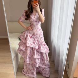 V-neck Floral Ruffled Slim-fit Long Mermaid Dress