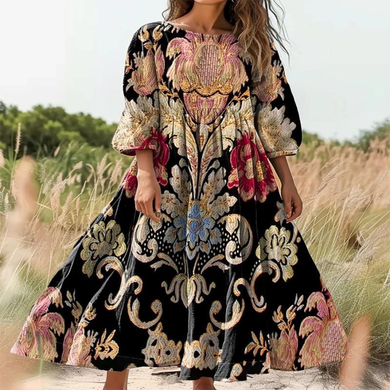 Womens Retro Elegant Slim-fit Floral Dress