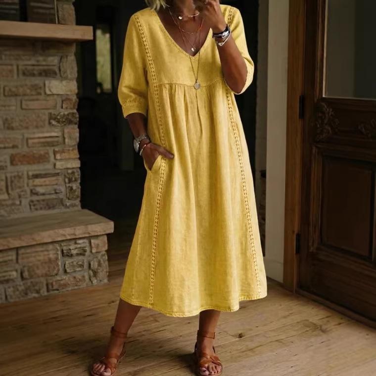 Casual Loose-fit V-neck Patchwork Lace-trimmed Linen-cotton Dress
