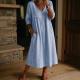 Casual Loose-fit V-neck Patchwork Lace-trimmed Linen-cotton Dress