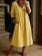 Casual Loose-fit V-neck Patchwork Lace-trimmed Linen-cotton Dress
