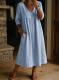 Casual Loose-fit V-neck Patchwork Lace-trimmed Linen-cotton Dress