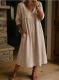 Casual Loose-fit V-neck Patchwork Lace-trimmed Linen-cotton Dress