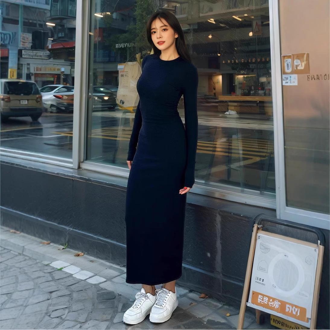 Navy Blue CrewNeck Long Sleeve Dress For Women