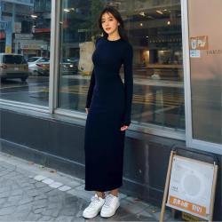 Navy Blue CrewNeck Long Sleeve Dress For Women