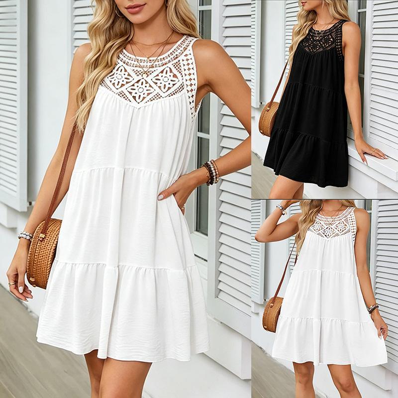 Womens Round-neck Spliced Short Skirt Dress