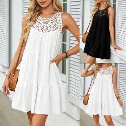 Womens Round-neck Spliced Short Skirt Dress