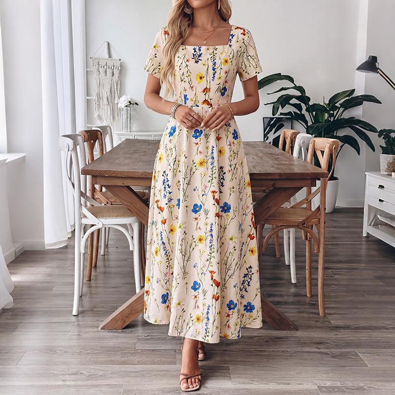 Womens Floral Print Square-Neck Short-Sleeve Dress