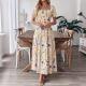 Womens Floral Print Square-Neck Short-Sleeve Dress