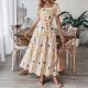 Womens Floral Print Square-Neck Short-Sleeve Dress
