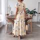 Womens Floral Print Square-Neck Short-Sleeve Dress