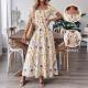 Womens Floral Print Square-Neck Short-Sleeve Dress