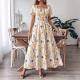 Womens Floral Print Square-Neck Short-Sleeve Dress