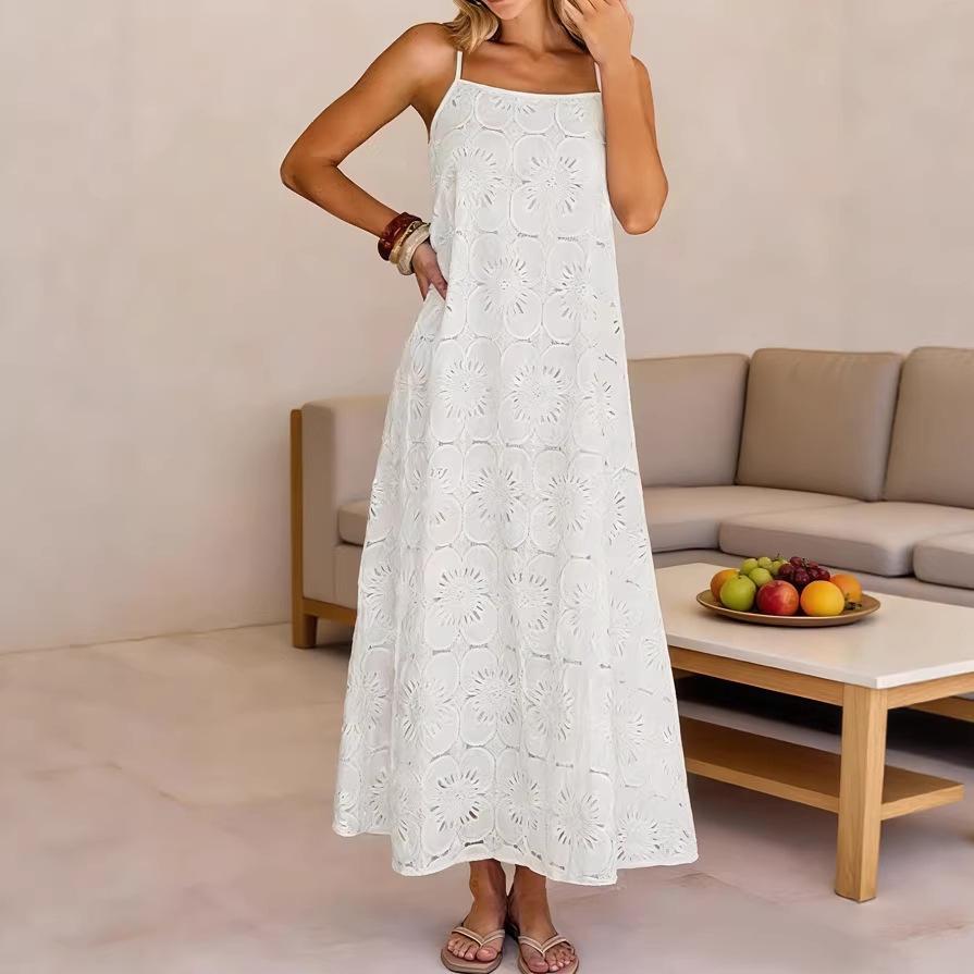 Womens Lace Solid-Color Sleeveless Buttoned Strap Dress