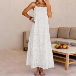 Womens Lace Solid-Color Sleeveless Buttoned Strap Dress