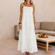 Womens Lace Solid-Color Sleeveless Buttoned Strap Dress