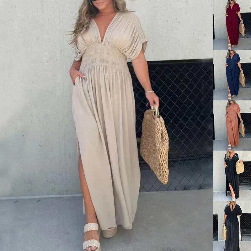 Bat-sleeved V-neck Slit Dress Summer Short Sleeve Elastic Waist Long Dresses