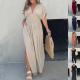 Bat-sleeved V-neck Slit Dress Summer Short Sleeve Elastic Waist Long Dresses