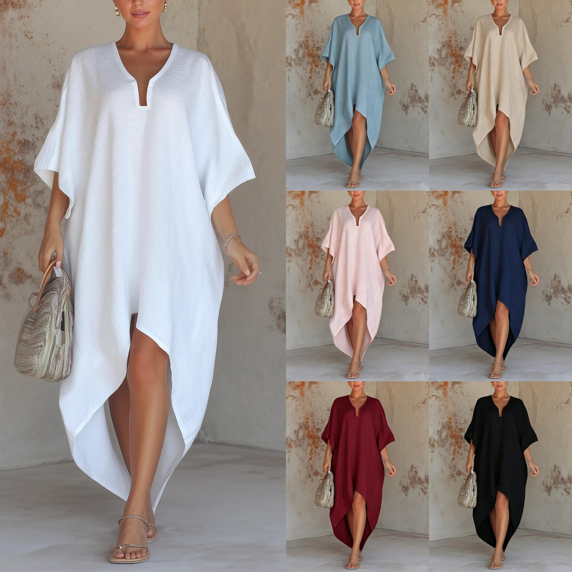 Solid-color Womens Loose-fit Resort Pleated Robe Dress