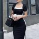 Black And White Contrast Square-neck Dress For Women