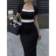 Black And White Contrast Square-neck Dress For Women