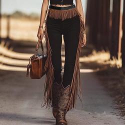 Tassel Casual Pants Solid-color Slim-fit Trousers