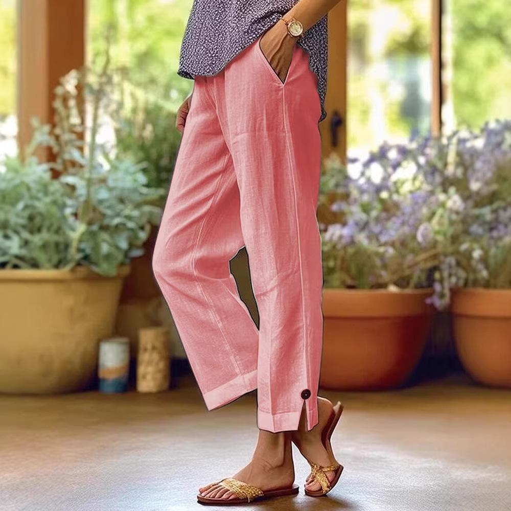 Cotton And Linen Loose Pure Color Elastic Waist Pocket Straight Casual Pants