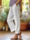 Cotton And Linen Loose Pure Color Elastic Waist Pocket Straight Casual Pants