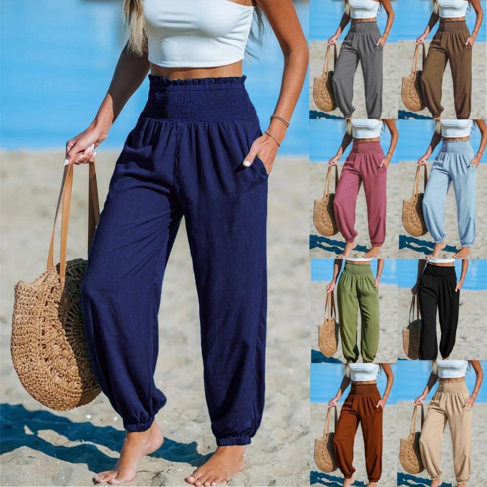 Womens Solid-Color Loose Beach Casual Ankle-Tied Pants