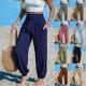 Womens Solid-Color Loose Beach Casual Ankle-Tied Pants