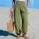 Womens Solid-Color Loose Beach Casual Ankle-Tied Pants