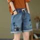 Cartoon Cat Embroidered Elastic-Waist Lace-Up Denim Shorts