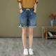 Cartoon Cat Embroidered Elastic-Waist Lace-Up Denim Shorts