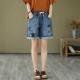 Cartoon Cat Embroidered Elastic-Waist Lace-Up Denim Shorts