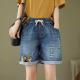 Cartoon Cat Embroidered Elastic-Waist Lace-Up Denim Shorts