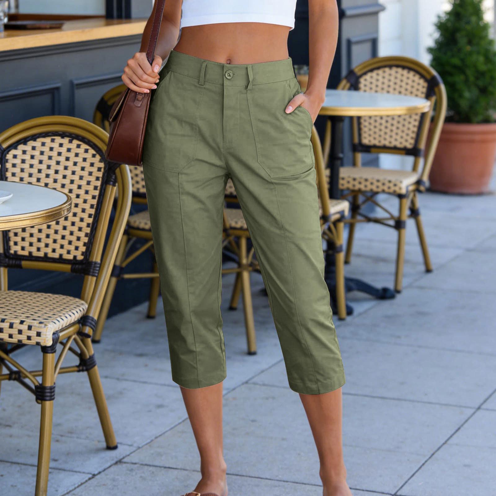 Womens Solid-Color Summer High-Waisted Casual Pants With Patch Pockets