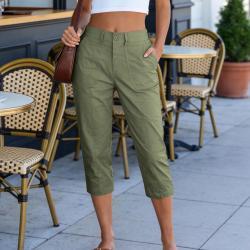Womens Solid-Color Summer High-Waisted Casual Pants With Patch Pockets