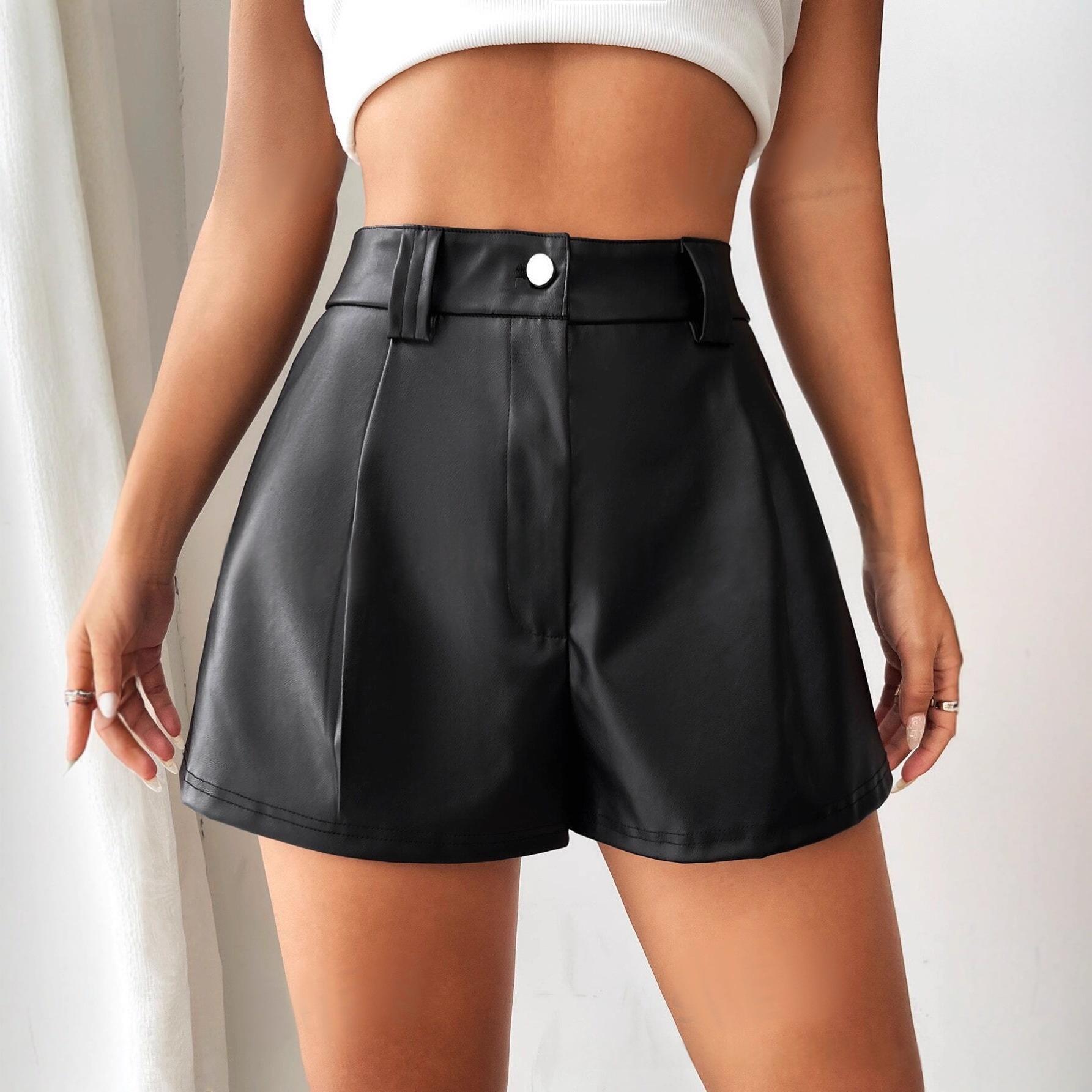 European And American-style Sexy Solid-color Leather Patchwork High-waist Slim-fit Straight-leg Leather Pants