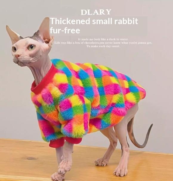 Hairless Cat Winter Clothes Rainbow Plaid Thickened Rabbit Fur Warm Hoodie Sphinx Devon Rex Cat Apparel